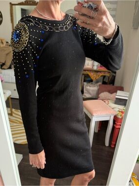 Vintage 80s Black Beaded Dress Open Back Glam Art Deco Cocktail Bodycon